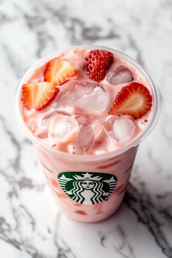 Close-up of creamy Starbucks pink drink with ice cubes and fresh strawberries on marble counter, bright and refreshing appearance.