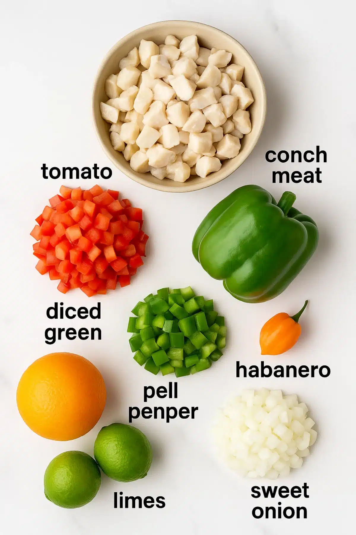 Conch salad ingredients displayed clearly, including conch meat, bell pepper, tomato, onion, habanero, lime, and orange