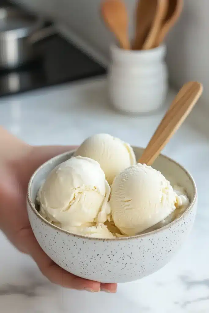 A hand holding a bowl of Coolish vanilla ice cream with three creamy scoops and a wooden spoon on a marble countertop.