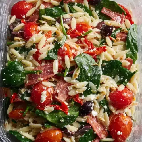 Orzo pasta salad with cherry tomatoes, spinach, feta cheese, salami slices, kalamata olives, and sun-dried tomatoes in a plastic container