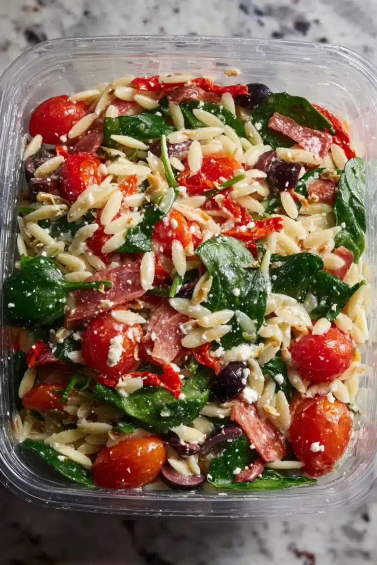 Orzo pasta salad with cherry tomatoes, spinach, feta cheese, salami slices, kalamata olives, and sun-dried tomatoes in a plastic container