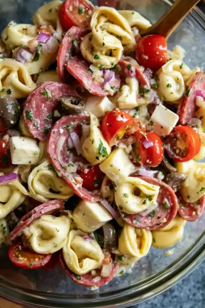 Tortellini pasta salad with salami slices, cherry tomatoes, mozzarella cubes, olives, and red onion in a clear bowl