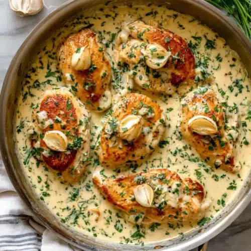 Golden seared chicken breasts simmered in creamy garlic herb sauce, garnished with parsley and whole garlic cloves.
