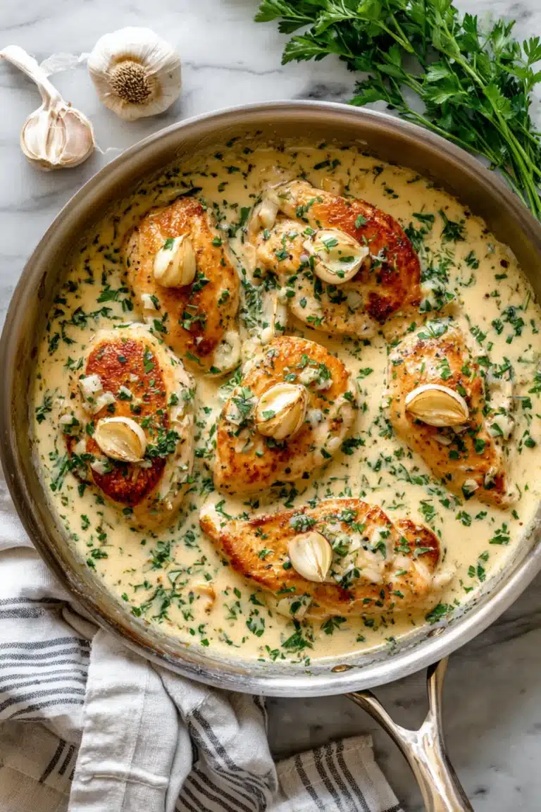 Golden seared chicken breasts simmered in creamy garlic herb sauce, garnished with parsley and whole garlic cloves.