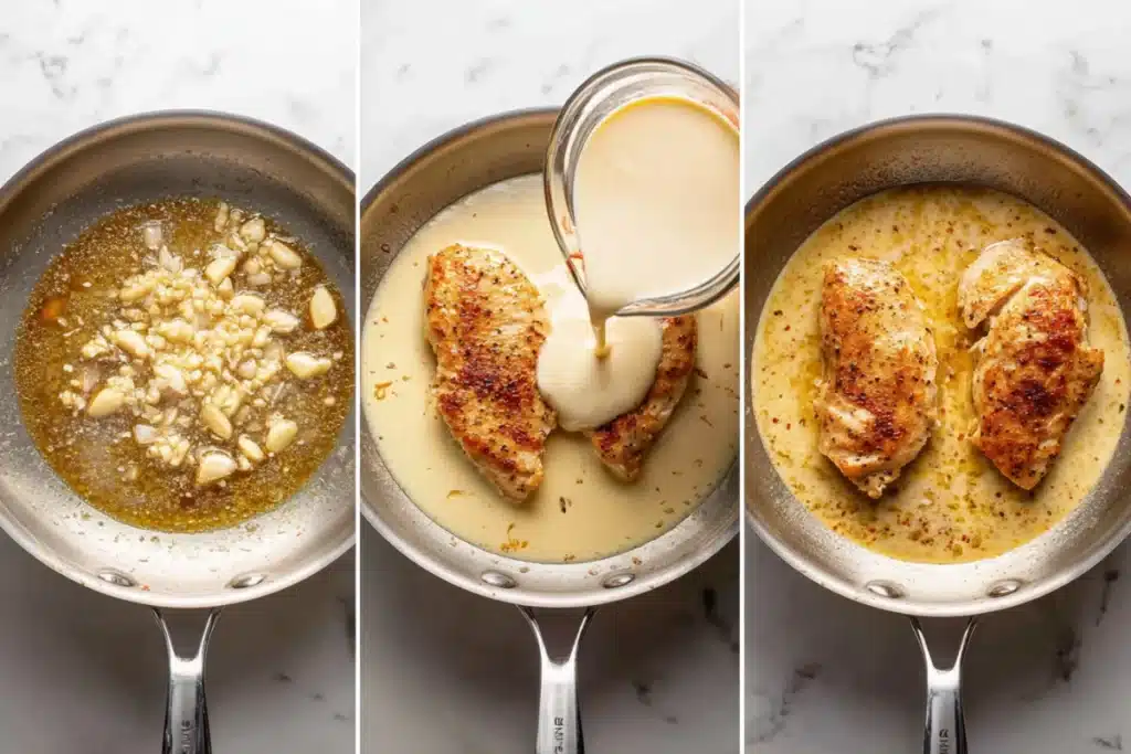 Creamy garlic chicken cooking process showing searing, pouring sauce, and simmering in a rich garlic cream sauce.