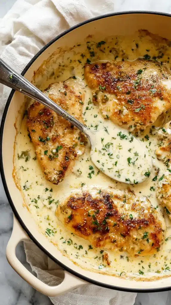 Golden seared chicken breasts in a creamy ranch sauce garnished with parsley, served in a beige enameled skillet.