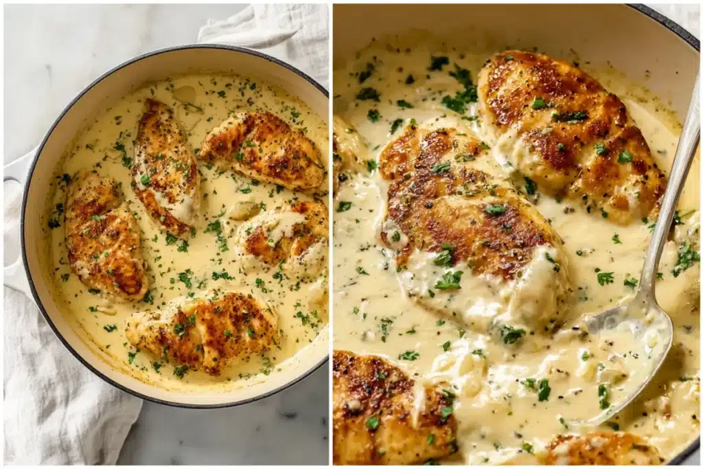 Seared chicken breasts simmered in creamy ranch sauce and garnished with herbs, shown in a white skillet from two angles.