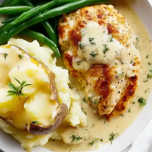 Creamy ranch chicken breast served with mashed potatoes and fresh green beans on a white plate with rich sauce.