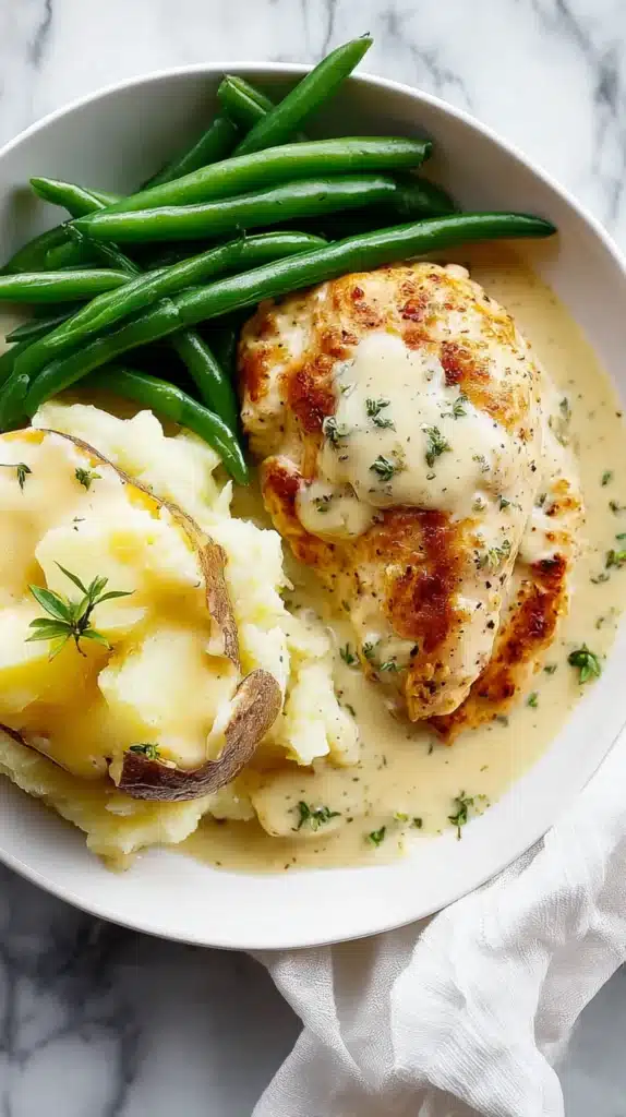 Creamy ranch chicken breast served with mashed potatoes and fresh green beans on a white plate with rich sauce.