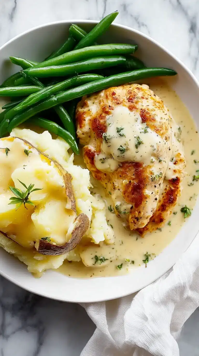 Creamy ranch chicken breast served with mashed potatoes and fresh green beans on a white plate with rich sauce.