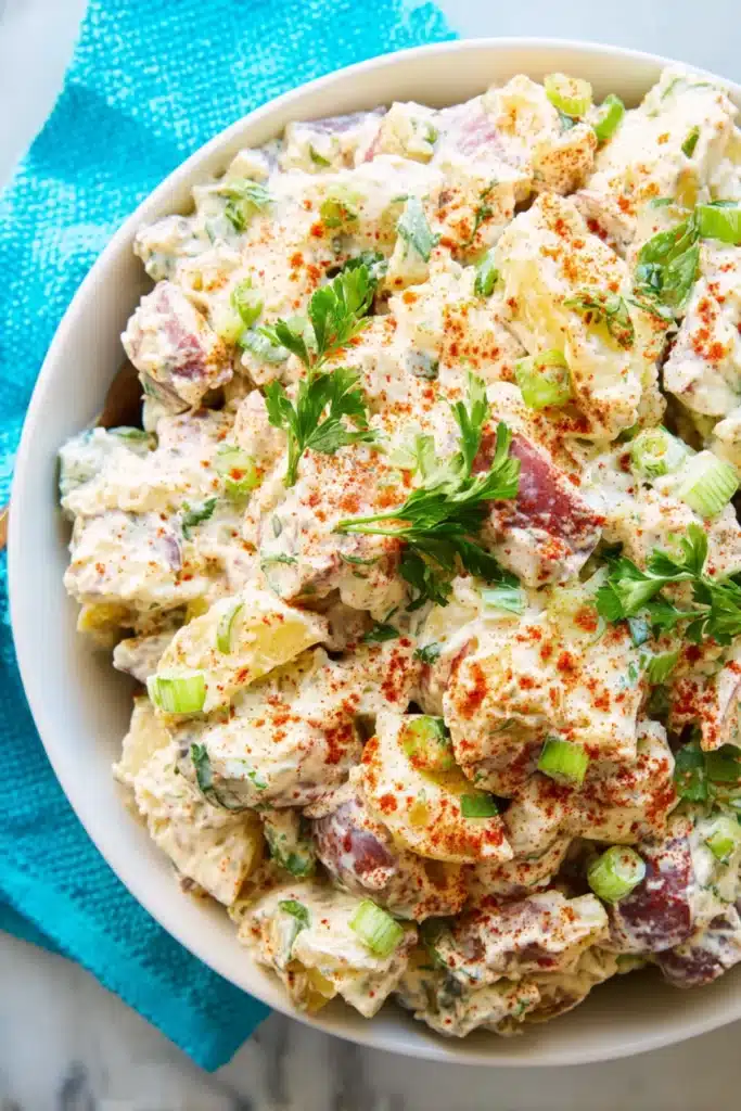 Overhead view of Creole potato salad with red potatoes, creamy dressing, parsley, and paprika in a white bowl