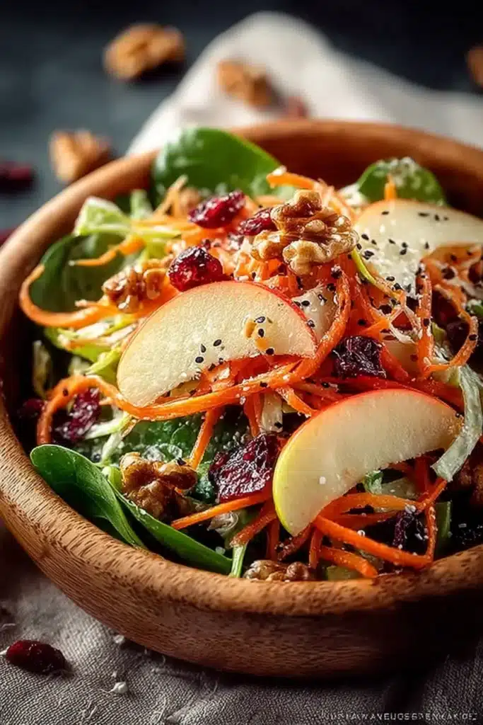 Vibrant cucumber carrot apple salad with walnuts, cranberries, and fresh greens in a wooden bowl.