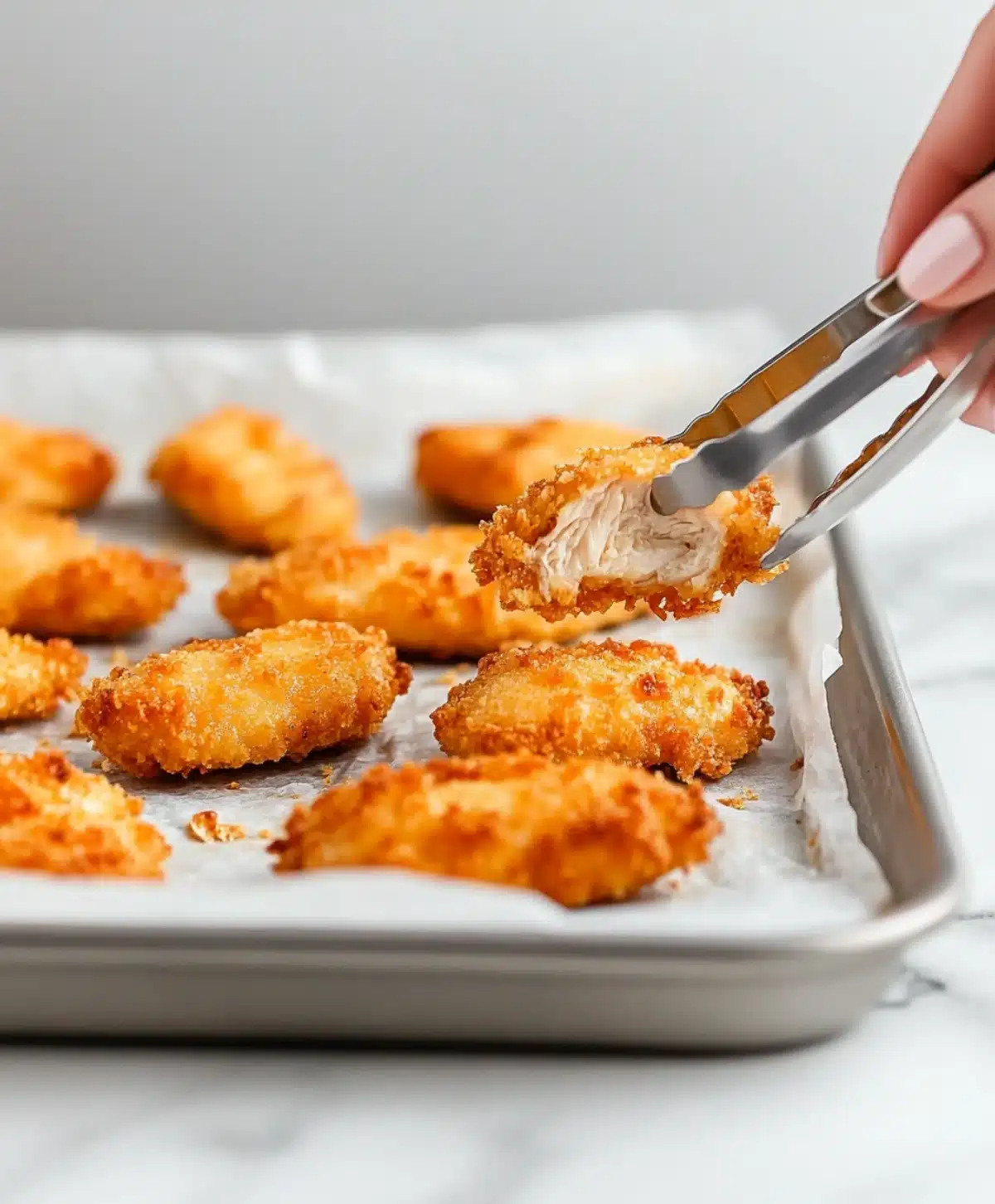 Golden crispy chicken cheez bites on a baking tray, with one piece held up to show juicy interior