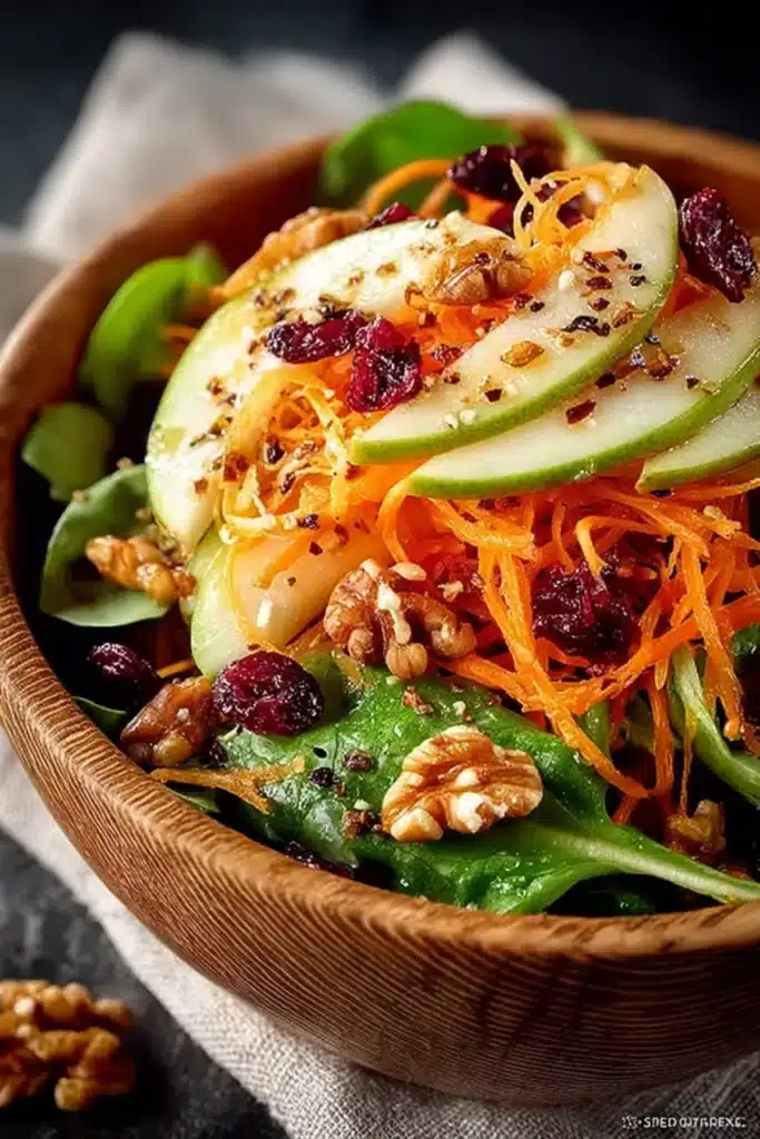 Fresh cucumber carrot apple salad with walnuts, cranberries, and a light dressing in a wooden bowl.