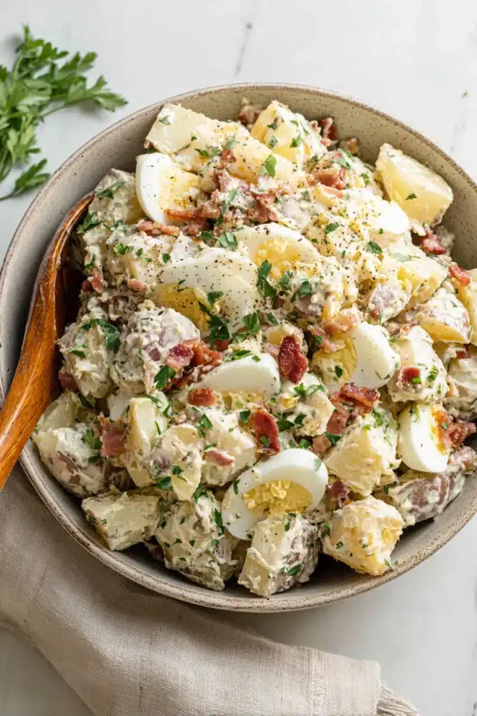 Dairy free potato salad with red potatoes, hard-boiled eggs, bacon, parsley, and pepper in a ceramic bowl