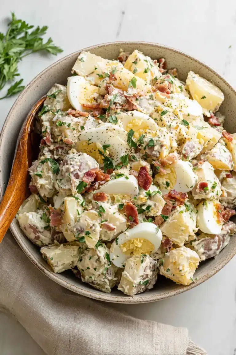 Dairy free potato salad with red potatoes, hard-boiled eggs, bacon, parsley, and pepper in a ceramic bowl