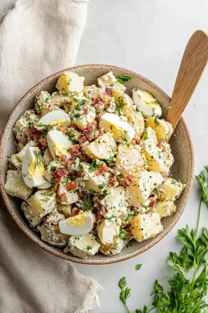 Dairy free potato salad with hard-boiled eggs, chopped bacon, mustard seeds, and herbs in a rustic ceramic bowl
