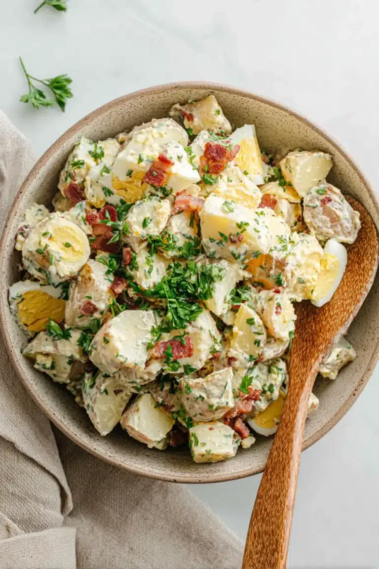 Dairy free potato salad with red potatoes, boiled eggs, herbs, and mustard dressing in a ceramic bowl