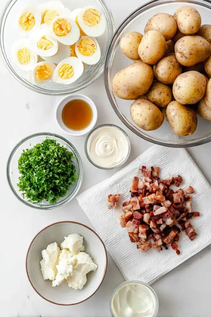 Ingredients for dairy free potato salad including potatoes, eggs, bacon, parsley, and dairy-free mayo on white surface