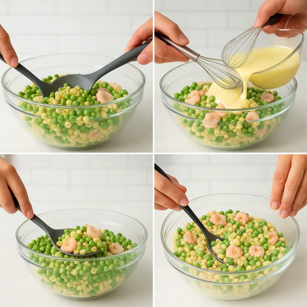 Step-by-step preparation of ditalini pasta salad with peas, shrimp, and creamy dressing in a glass bowl.