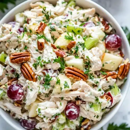 Creamy chicken salad with grapes, apples, celery, toasted pecans, and herbs in a white bowl on a marble surface