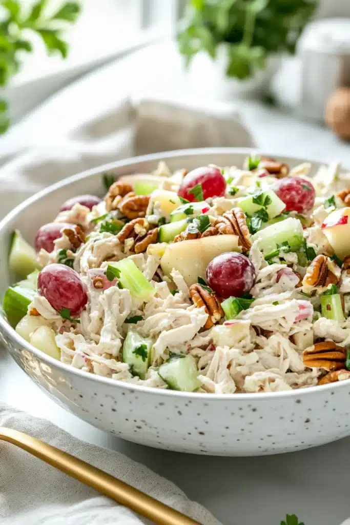 Fresh chicken salad with grapes, celery, apples, pecans, and herbs in a white speckled bowl on a light kitchen surface