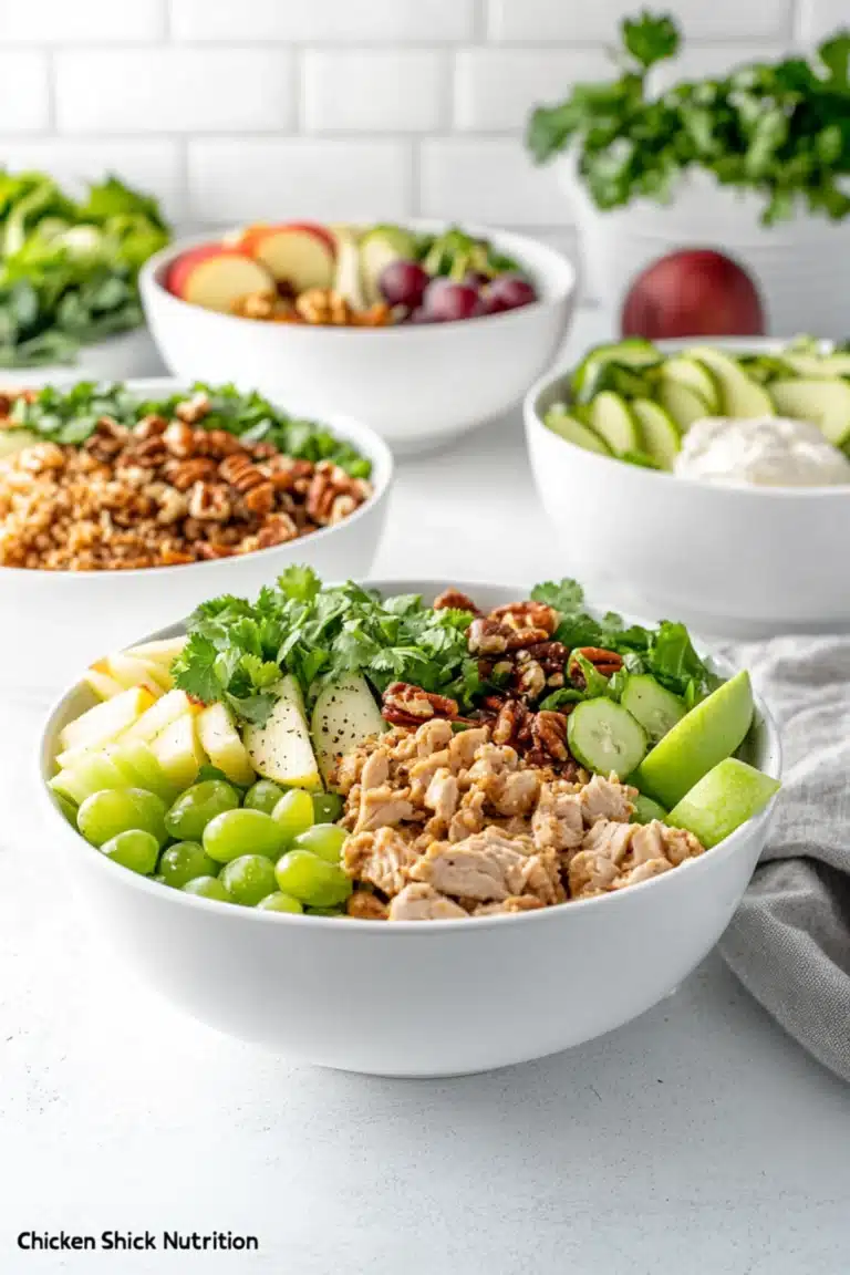 Chicken salad bowl with grapes, apples, celery, pecans, and greens on white counter with clean background