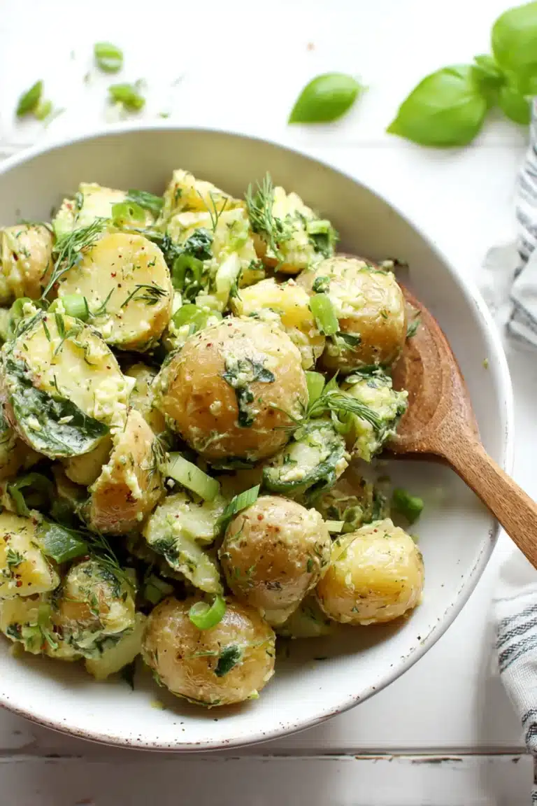 Creamy French potato salad with baby potatoes, dill, green onions, and herbs served in a white bowl on a rustic table