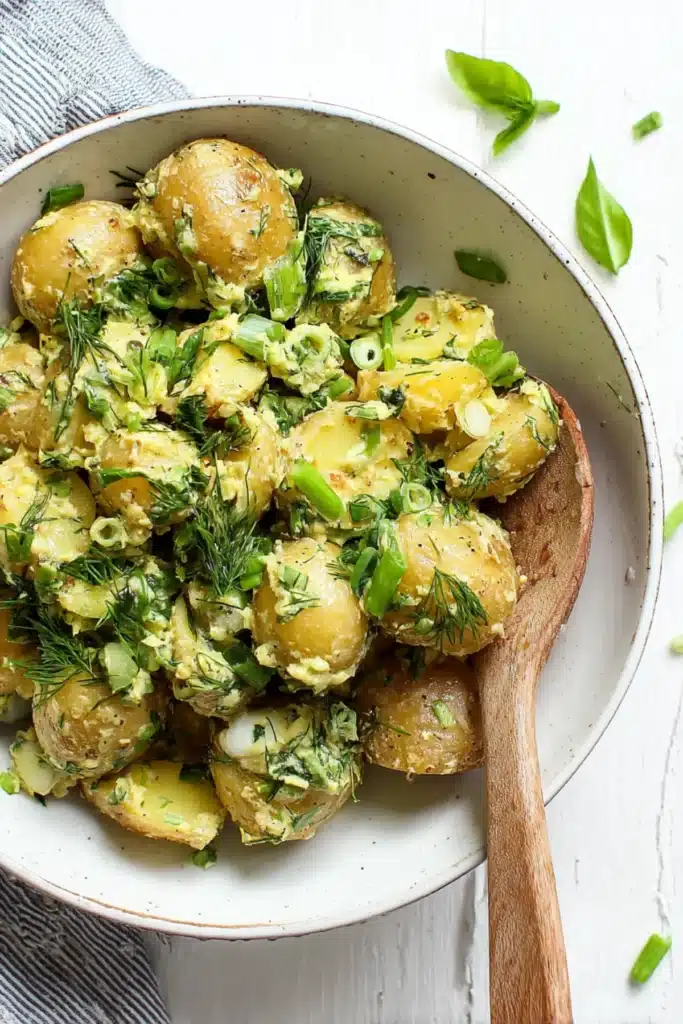 Golden baby potatoes tossed in creamy mustard herb dressing with dill and green onions, served in a rustic bowl