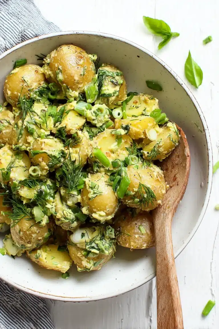 Golden baby potatoes tossed in creamy mustard herb dressing with dill and green onions, served in a rustic bowl