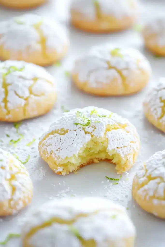 Fresh Coconut Key Lime Crinkle Cookies with a bite showing the soft lime-infused center, dusted with powdered sugar.