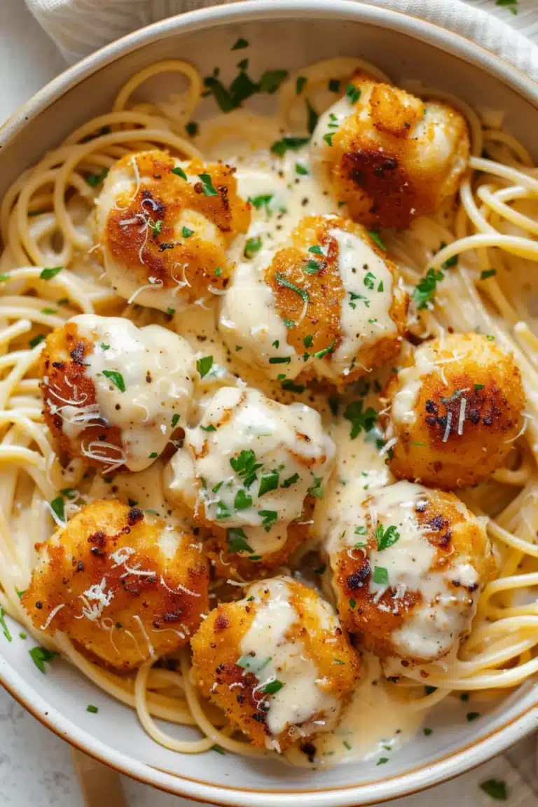 garlic butter chicken bites with creamy parmesan pasta