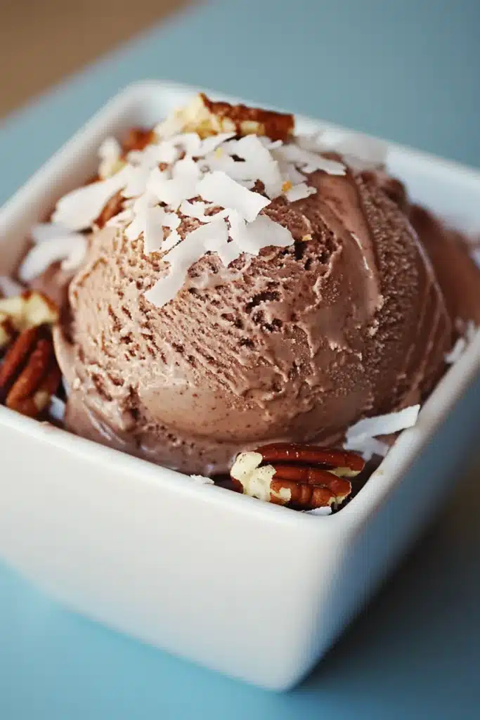 Scoops of German chocolate ice cream with shredded coconut and pecans in a white bowl on a blue surface