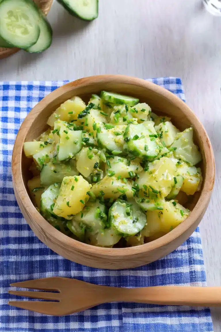German cucumber potato salad with sliced cucumbers, potatoes, chives, and vinaigrette in a wooden bowl on blue napkin