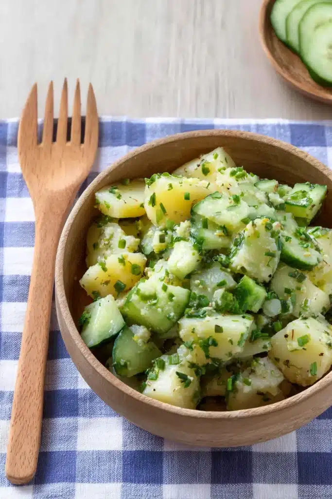 German cucumber potato salad with sliced cucumbers, potatoes, herbs, and vinaigrette in a wooden bowl
