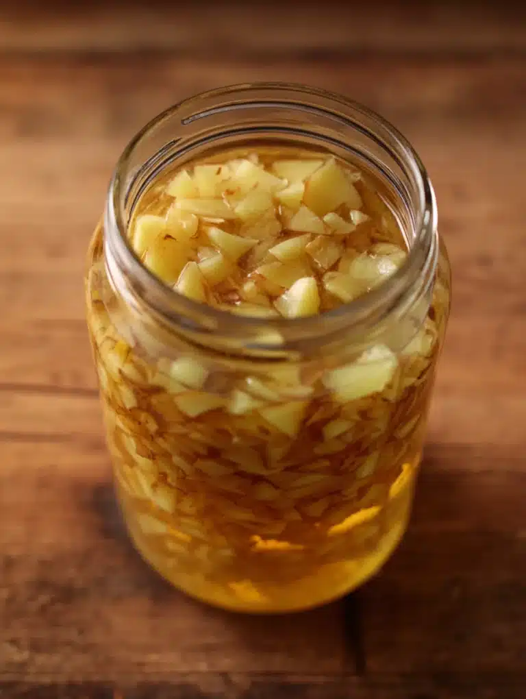 Fermenting ginger bug with chopped fresh ginger in a jar on wooden table.