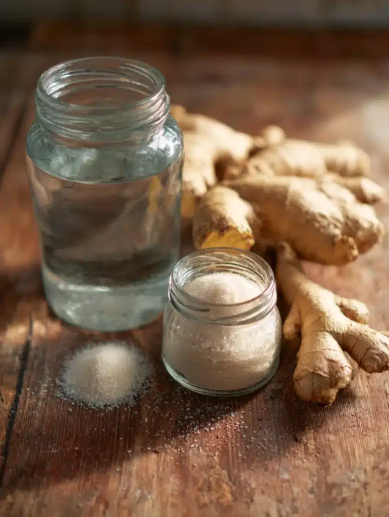 Fresh ginger roots, sugar, and water in jars for starting a homemade ginger bug recipe.