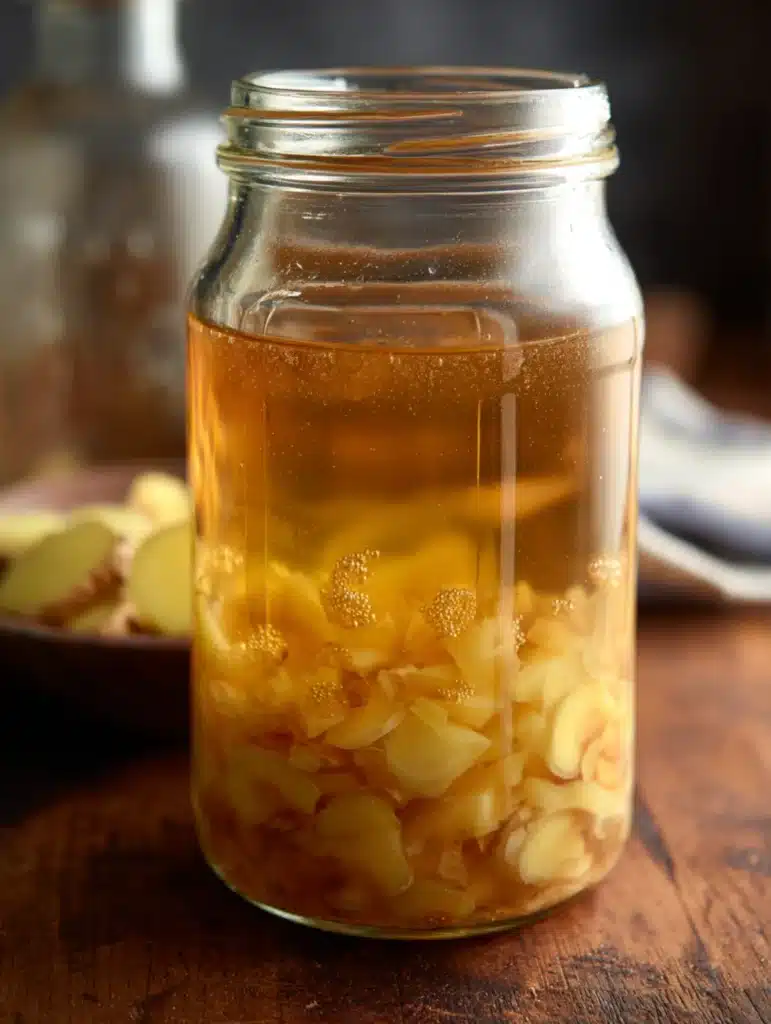 Glass jar of bubbling ginger bug starter with fresh ginger pieces on wooden table.