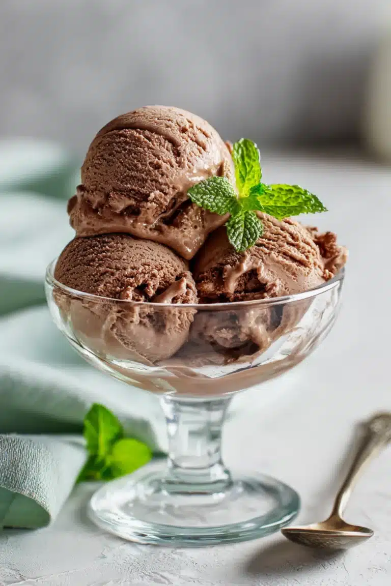 Scoops of creamy chocolate goat milk ice cream garnished with fresh mint in a clear glass dessert dish