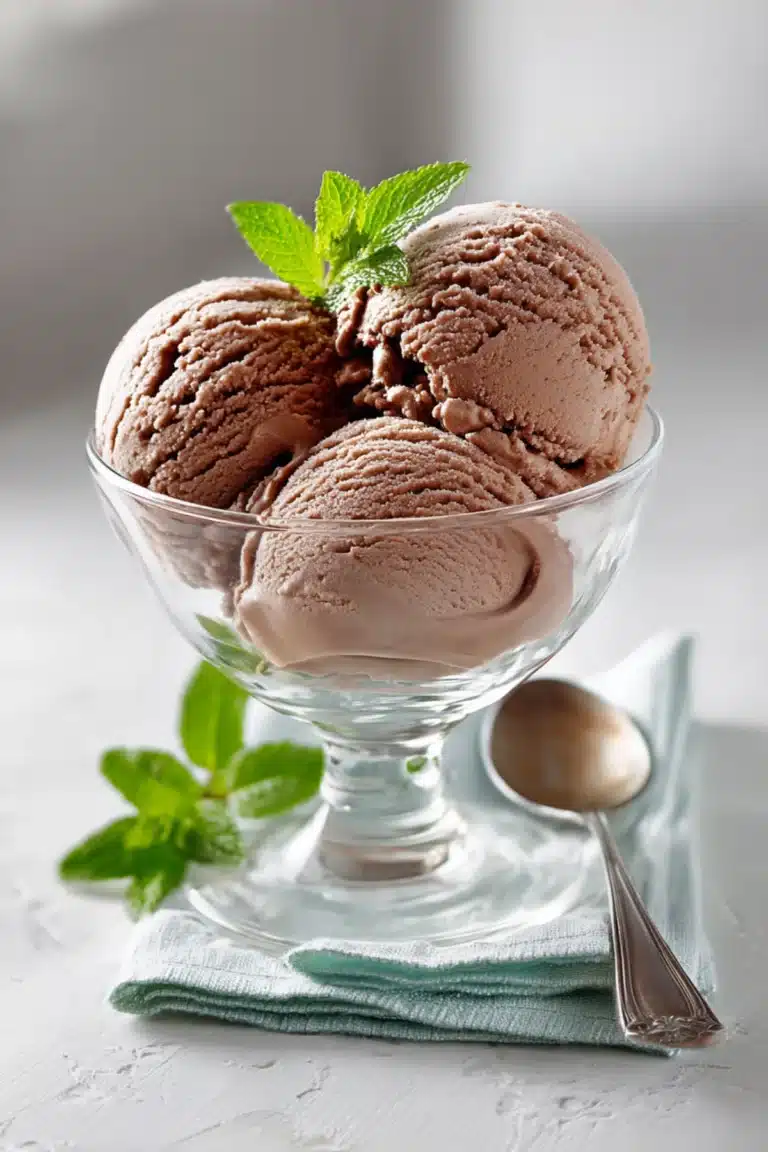 Scoops of chocolate goat milk ice cream in a clear dessert dish, garnished with fresh mint leaves and served on a soft cloth with a spoon