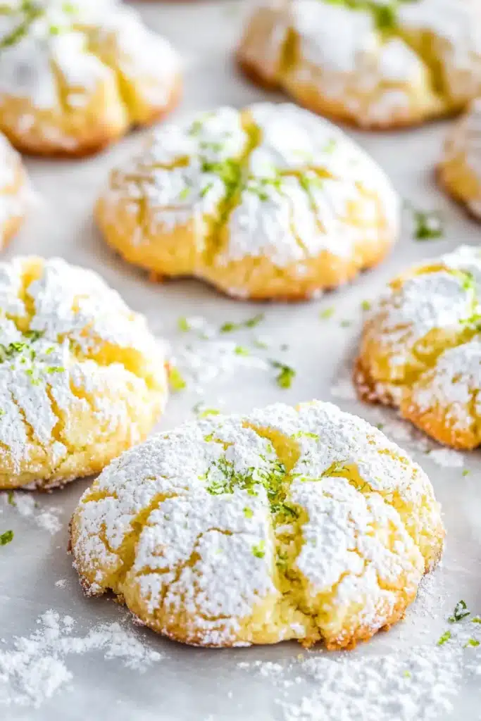 Golden Coconut Key Lime Crinkle Cookies topped with powdered sugar and lime zest, fresh from the oven on baking paper.