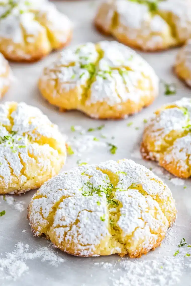 Golden Coconut Key Lime Crinkle Cookies topped with powdered sugar and lime zest, fresh from the oven on baking paper.