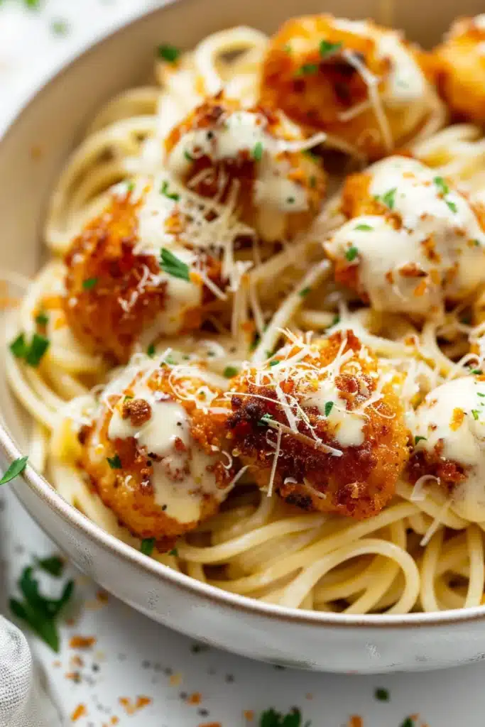 Crispy golden chicken bites over creamy parmesan pasta, topped with shredded cheese and fresh herbs for extra flavor.