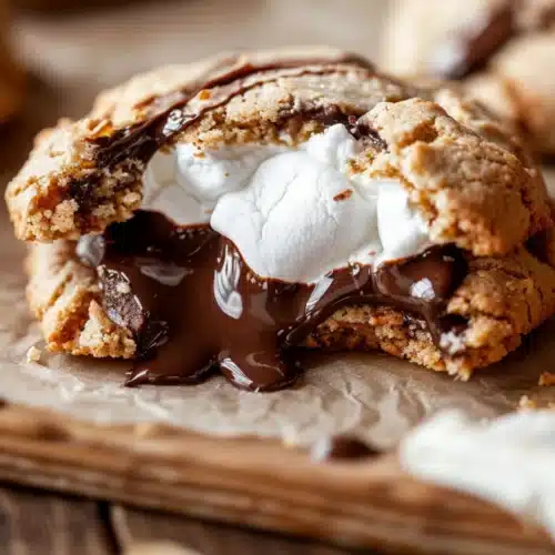 Melted chocolate oozing from a broken s’mores cookie filled with soft marshmallow on parchment paper