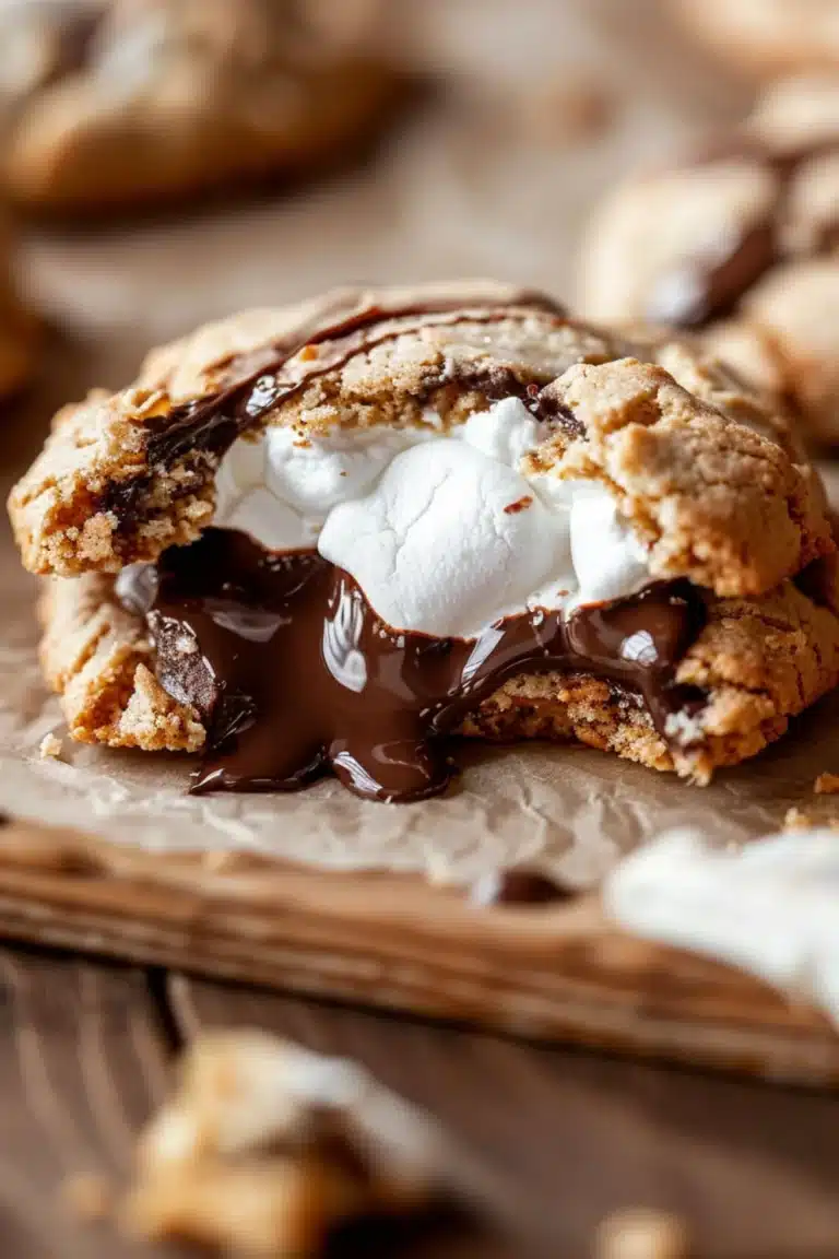 Melted chocolate oozing from a broken s’mores cookie filled with soft marshmallow on parchment paper