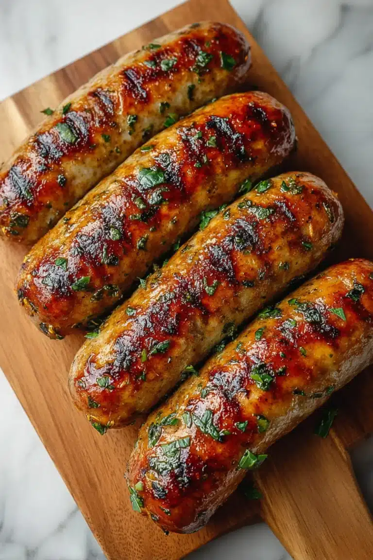 Juicy grilled sausages with fresh herbs on a wooden serving board.