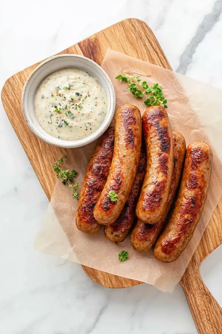 Juicy grilled sausages served on a wooden board with creamy dipping sauce and fresh herbs.
