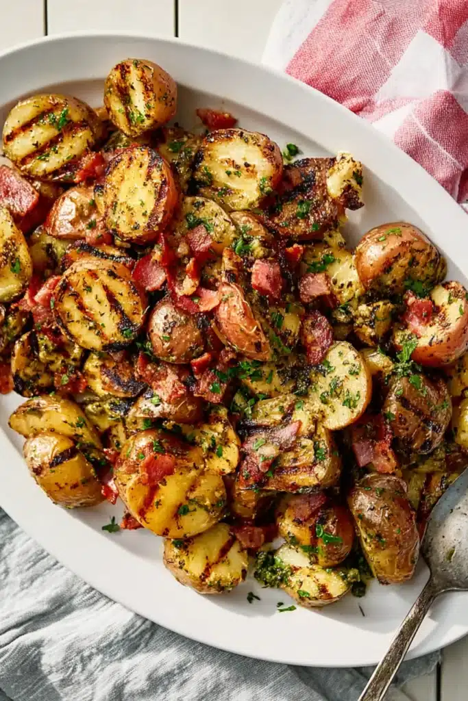 Close-up of grilled smoky potato salad with crispy bacon and herbs served on a white platter with spoon