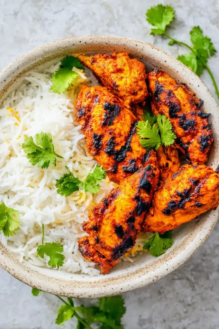 Juicy grilled tandoori chicken served with fluffy basmati rice and garnished with fresh cilantro leaves.