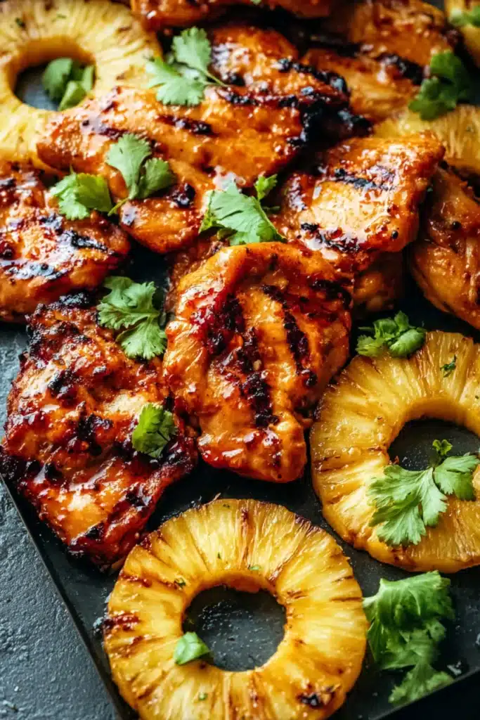 Juicy Hawaiian BBQ chicken thighs with grilled pineapple rings and fresh cilantro garnish